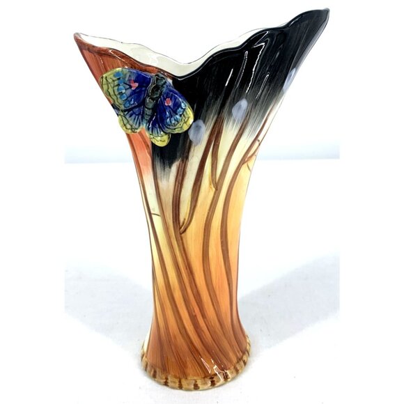 Unmarked Other - Butterfly Wings Vase Porcelain Majolica Orange Brown Blue Applied Butterfly 9"